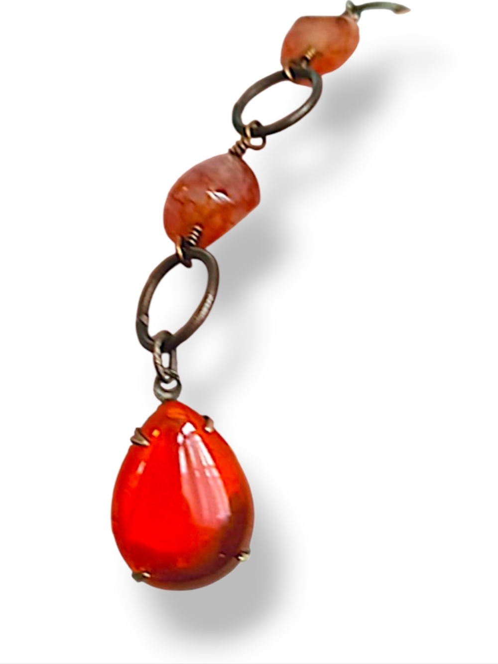 Vintage-style Carnelian Teardrop pendant necklace oxidized metal Orange Lariat